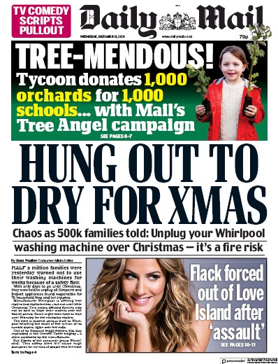 Daily Mail (UK) Newspaper Front Page for 18 December 2019