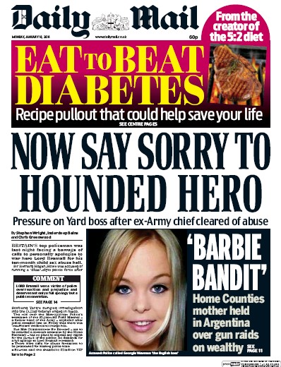 Daily Mail Newspaper Front Page for 18 January 2016