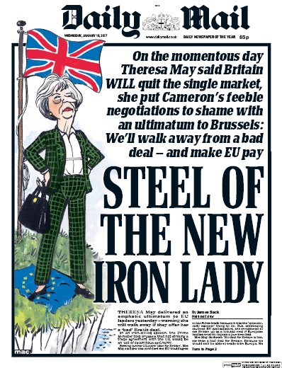 Daily Mail Newspaper Front Page for 18 January 2017