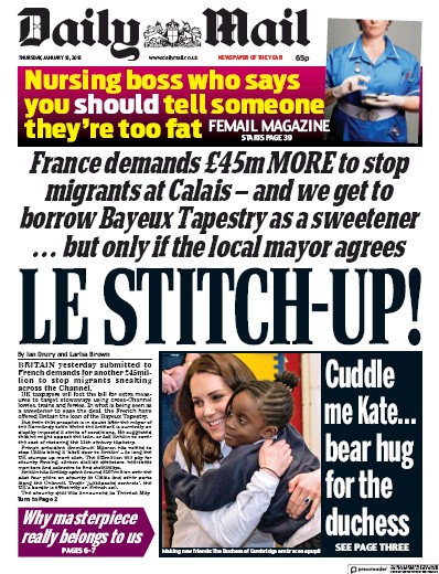 Daily Mail Newspaper Front Page for 18 January 2018