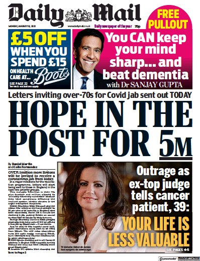 Daily Mail Newspaper Front Page for 18 January 2021