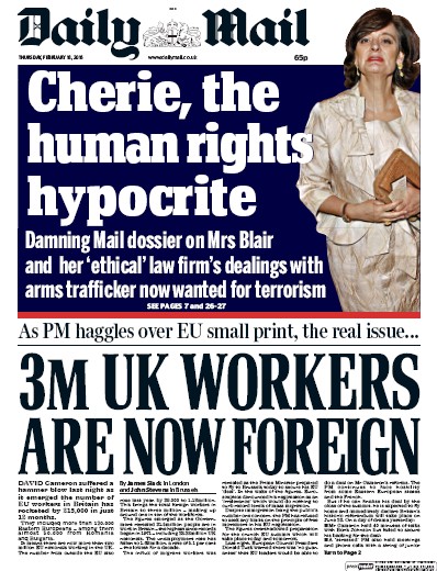 Daily Mail Newspaper Front Page for 18 February 2016