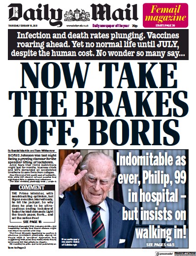 Daily Mail (UK) Newspaper Front Page for 18 February 2021