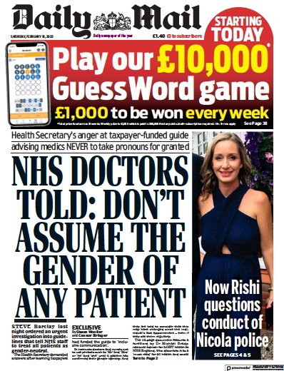 Daily Mail (UK) Newspaper Front Page for 18 February 2023