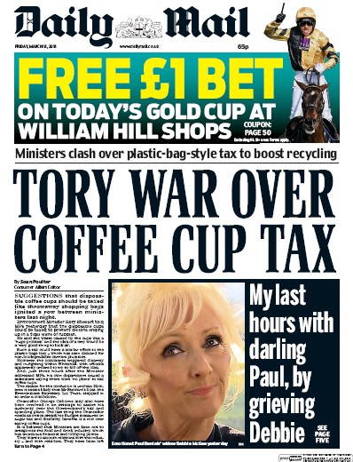 Daily Mail Newspaper Front Page for 18 March 2016