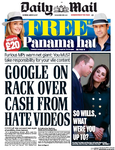 Daily Mail Newspaper Front Page for 18 March 2017