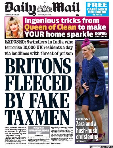 Daily Mail Newspaper Front Page for 18 March 2019