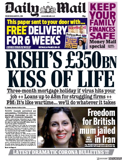 Daily Mail (UK) Newspaper Front Page for 18 March 2020