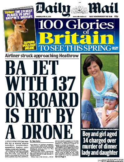 Daily Mail Newspaper Front Page for 18 April 2016