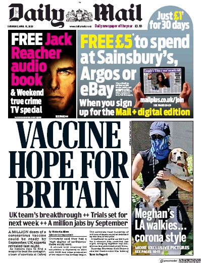 Daily Mail Newspaper Front Page for 18 April 2020