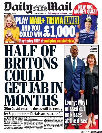 Daily Mail Newspaper Front Page for 18 May 2020