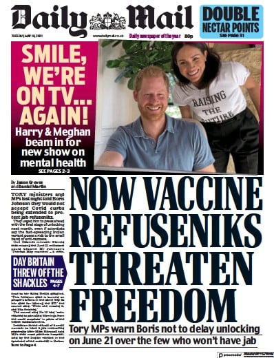 Daily Mail (UK) Newspaper Front Page for 18 May 2021