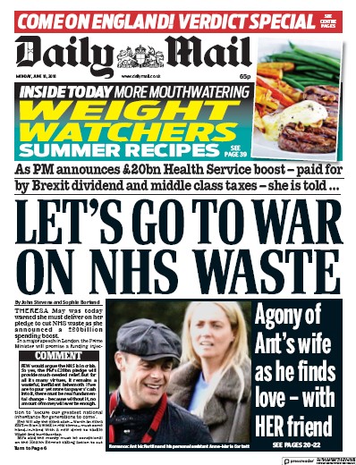 Daily Mail Newspaper Front Page for 18 June 2018