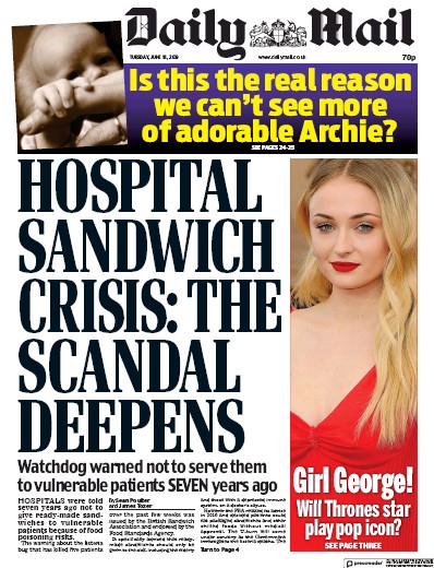 Daily Mail (UK) Newspaper Front Page for 18 June 2019