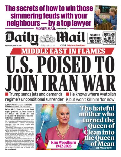Daily Mail (UK) Newspaper Front Page for 18 June 2025