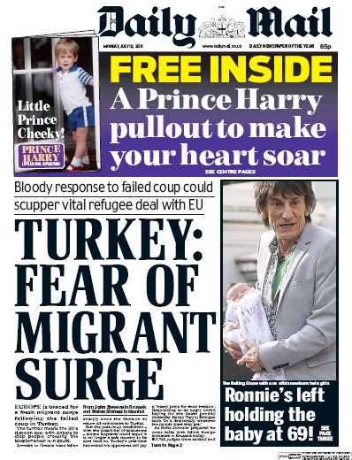 Daily Mail (UK) Newspaper Front Page for 18 July 2016