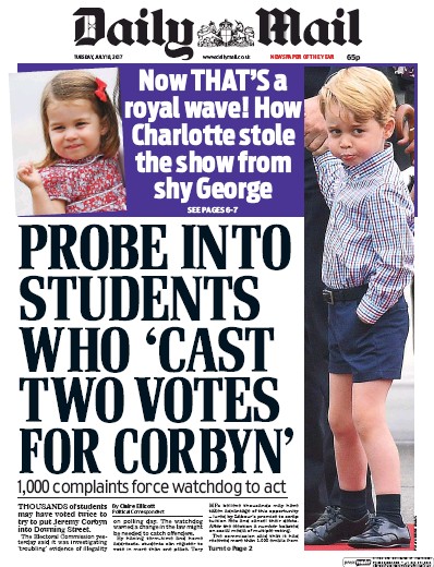 Daily Mail Newspaper Front Page for 18 July 2017