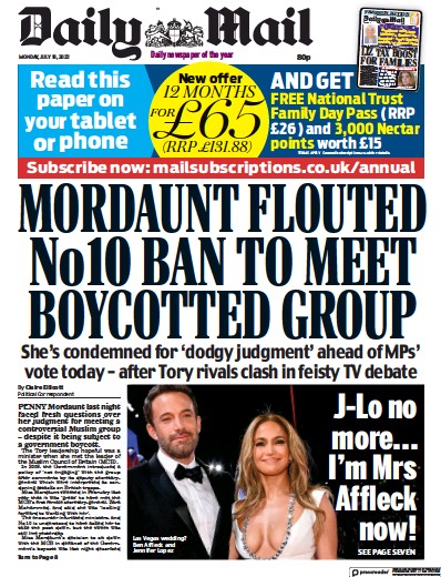 Daily Mail Newspaper Front Page for 18 July 2022
