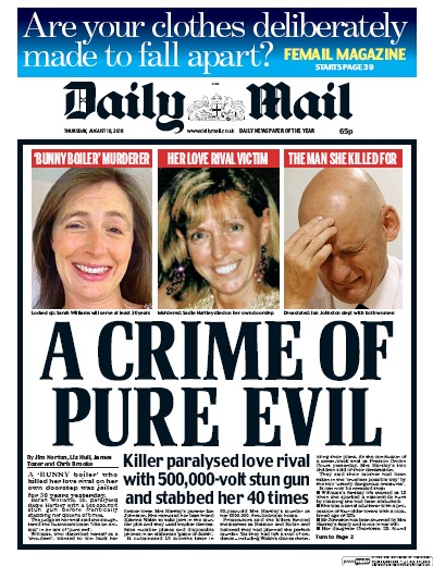 Daily Mail Newspaper Front Page for 18 August 2016