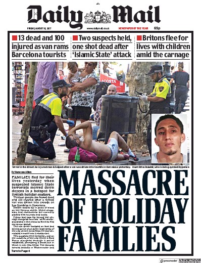 Daily Mail Newspaper Front Page for 18 August 2017
