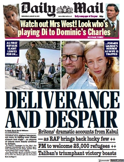 Daily Mail (UK) Newspaper Front Page for 18 August 2021