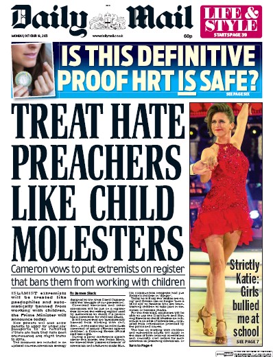 Daily Mail Newspaper Front Page for 19 October 2015