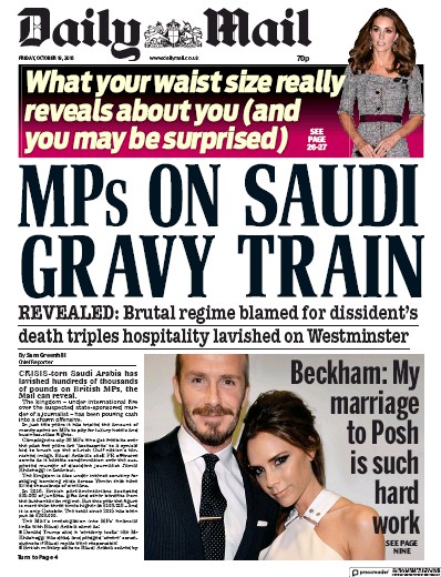 Daily Mail (UK) Newspaper Front Page for 19 October 2018