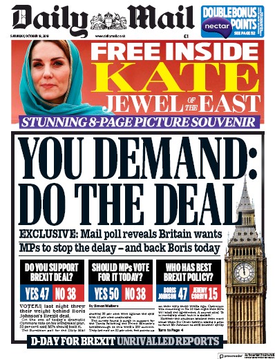 Daily Mail (UK) Newspaper Front Page for 19 October 2019