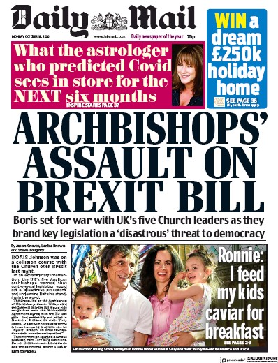 Daily Mail Newspaper Front Page for 19 October 2020