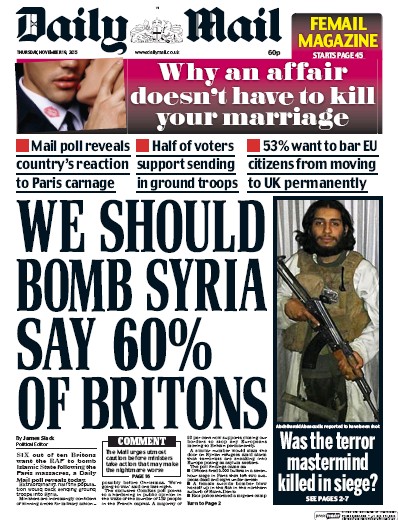 Daily Mail (UK) Newspaper Front Page for 19 November 2015