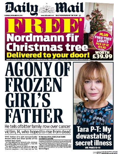 Daily Mail Newspaper Front Page for 19 November 2016