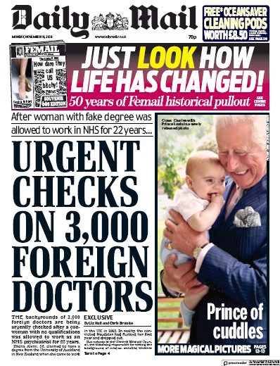 Daily Mail (UK) Newspaper Front Page for 19 November 2018