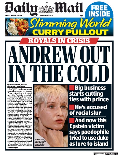 Daily Mail Newspaper Front Page for 19 November 2019