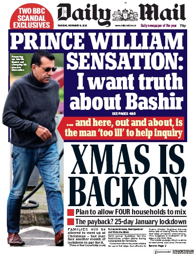 Daily Mail Newspaper Front Page for 19 November 2020