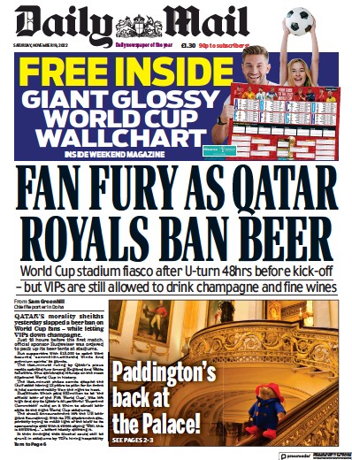 Daily Mail (UK) Newspaper Front Page for 19 November 2022