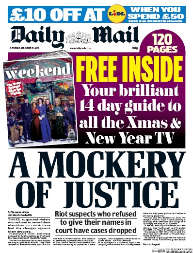 Daily Mail (UK) Newspaper Front Page for 19 December 2015