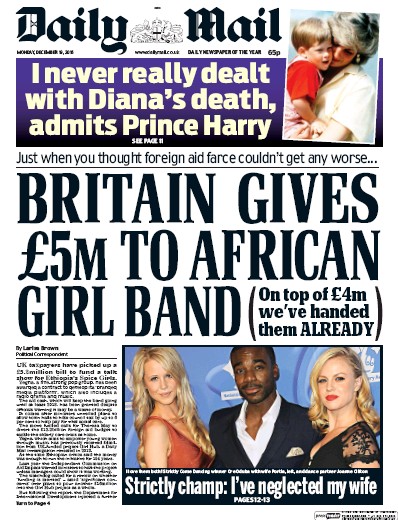 Daily Mail Newspaper Front Page for 19 December 2016