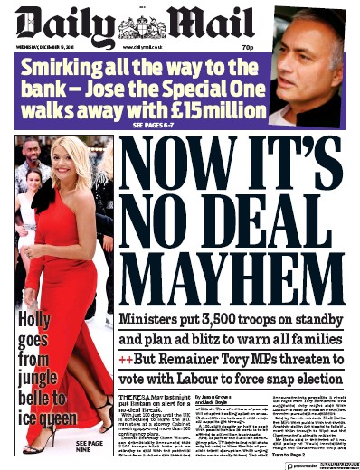 Daily Mail Newspaper Front Page for 19 December 2018