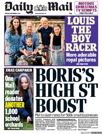 Daily Mail (UK) Newspaper Front Page for 19 December 2019