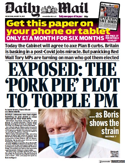 Daily Mail (UK) Newspaper Front Page for 19 January 2022
