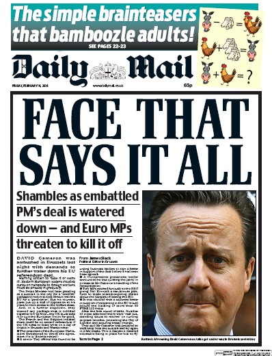 Daily Mail Newspaper Front Page for 19 February 2016