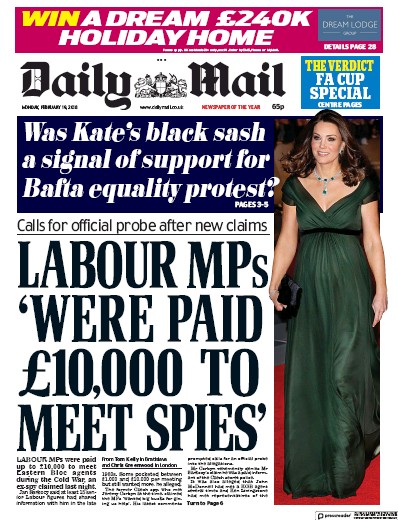 Daily Mail Newspaper Front Page for 19 February 2018