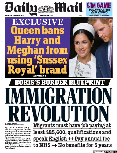 Daily Mail Newspaper Front Page for 19 February 2020
