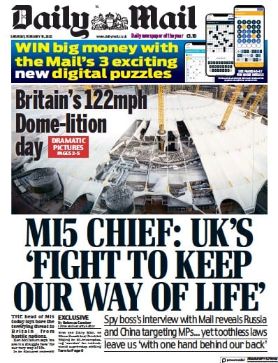 Daily Mail Newspaper Front Page for 19 February 2022