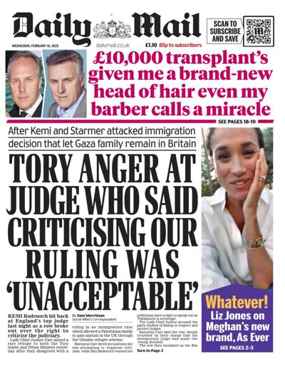 Daily Mail (UK) Newspaper Front Page for 19 February 2025