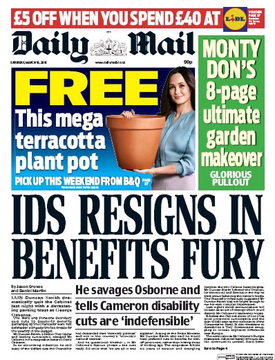 Daily Mail Newspaper Front Page for 19 March 2016