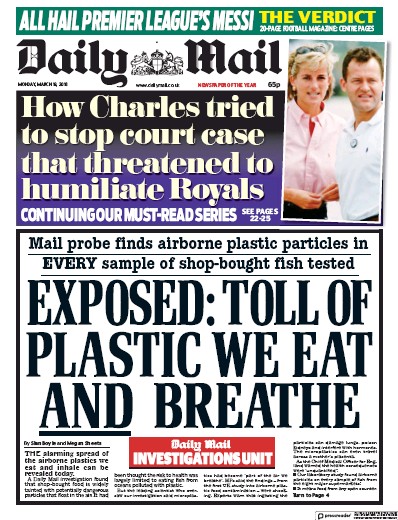 Daily Mail Newspaper Front Page for 19 March 2018