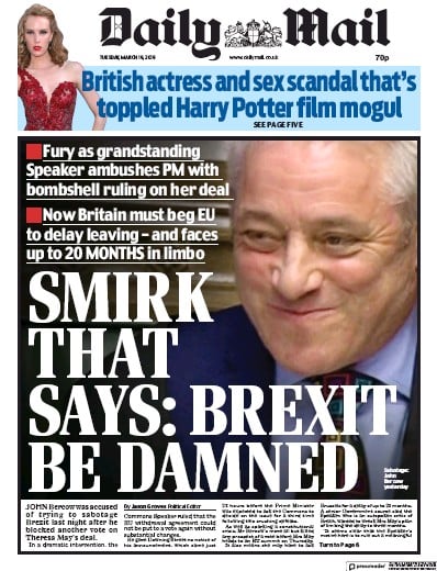 Daily Mail Newspaper Front Page for 19 March 2019