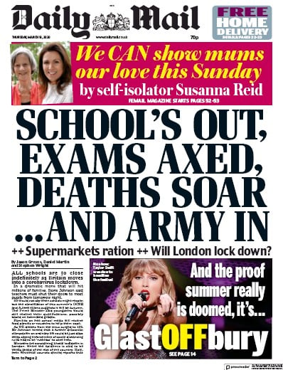Daily Mail Newspaper Front Page for 19 March 2020