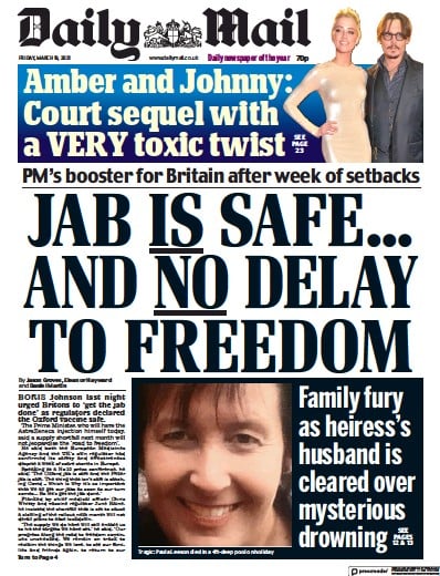 Daily Mail (UK) Newspaper Front Page for 19 March 2021